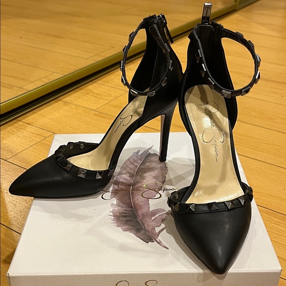 Jessica Simpson Shoes - Jessica Simpson Black Studded Pointed Toe Ankle Strap Heels